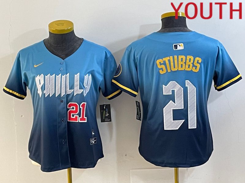 Youth Philadelphia Phillies #21 Stubbs Blue City Edition 2024 Nike MLB Jersey style 3